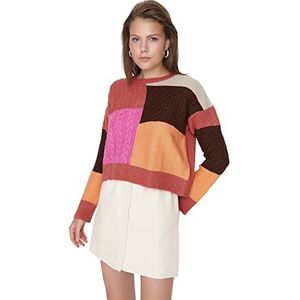 Trendyol Dames Crew Neck Colorblock Regular Sweater Sweater, Oranje, M, ORANJE, M