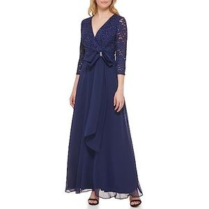 Jessica Howard Women's Lace 3/4 Sleeve V-Neck Maxi Gown – Special Occasion Dress, Navy, 16
