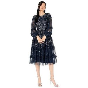 Maya Deluxe Midi-jurk voor dames, lange mouwen, pailletten, versierd met ruches voor bruiloft, gast, bruidsmeisje, gelegenheid, avondbaljurk, marineblauw, 44