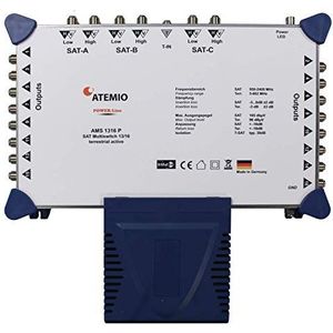 Atemio AMS1316P Multischakelaar Power-Line, 3 satellieten voor maximaal 16 deelnemers/ontvanger (UHD, 4K, HDTV, actieve terrestrik) wit/blauw