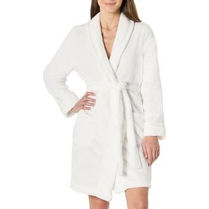 Amazon Essentials Halflange pluche badjas voor dames (verkrijgbaar in grote maten), wit, klein