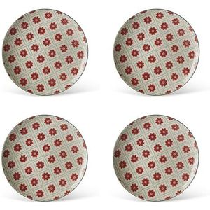 Evviva Fruitborden, set van 4 platte borden van aardewerk, 20,5 cm, moderne en kleurrijke geometrische patronen, model: Althea, rode bloem