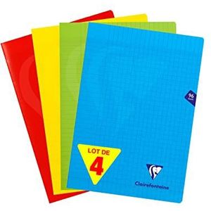 Clairefontaine 294161AMZ - Set van 4 Mimesys Geniet Schriften - A4 21x29,7 cm - 96 Grote Ruiten Pagina's - 90g Wit Papier - Polypropyleen kaft (Blauw,Rood, Geel,Groen)