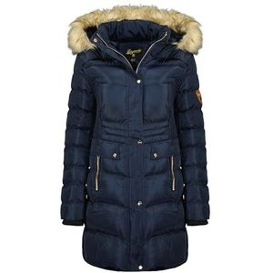 Geographical Norway Badonna Lady Lange parka voor dames, dik, warm, herfst, winter, dunne jas, capuchon, imitatiebont, winddichte jas, elegante donsjack voor dames (marineblauw S), Marineblauw, S