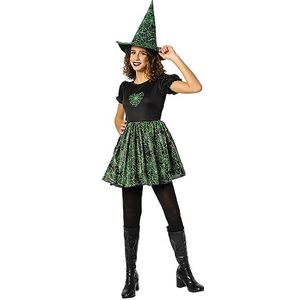 Rubies heksenkostuum Spiderweb Neon groen voor meisjes, jurk glow in dark en hoed, officiële Rubies voor Halloween, carnaval, verjaardag en feest
