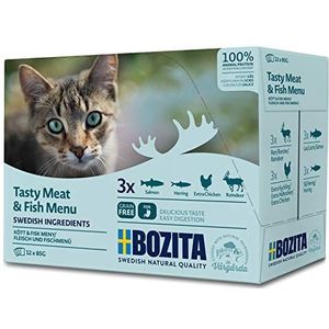 BOZITA Multibox Mixpack Zalm, haring, veel kip, rendier, hapjes in saus, 12 x 85 g, zakje, portiezak, graanvrij natvoer voor volwassen katten