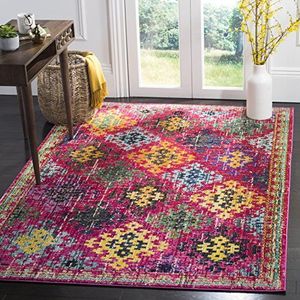 SAFAVIEH Monaco Collection Boho tapijt voor woonkamer, eetkamer, slaapkamer, korte pool, fuchsia en multi, 155 x 231 cm