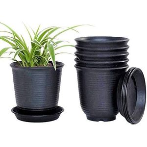 KAHEIGN 6 stuks plastic bloempotten, 15,5 cm dikke plantenpotten, plantencontainer indoor tuinpot met drainagepallet (zwart)