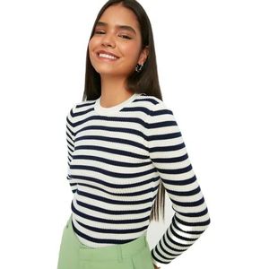 Trendyol Dames ronde hals gestreepte trui sweatshirt met ronde hals, Donkerblauw, L