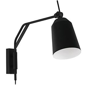 EGLO Wandlamp Loreto, muurlamp met schakelaar en stekker, lamp wand binnen met zwenkarm, wandverlichting voor woonkamer en hal, zwart en wit metaal, leeslamp met E27 fitting