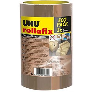UHU Rollafix - bruine verpakkingstape, verpakking met 3 banden, 66 m x 50 mm