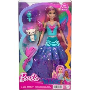 Barbie Pop met twee fantasiediertjes en jurk, Barbie 'Malibu' pop uit Barbie A Touch of Magic, haar van 18 cm lang, JCW48