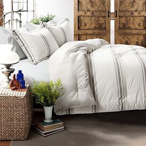 Lush Decor Comforter Farmhouse Stripe 3-delig omkeerbaar beddengoed set, koning, grijs, katoen polyester
