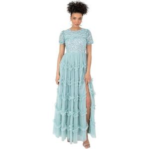 Maya Deluxe Maxi-jurk voor dames, ronde hals, korte pofmouwen, pailletten, versierd met ruches, A-lijn, bruidsmeisje, baljurk, turquoise, 12, Turkoois, 38