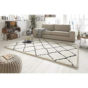 Mint Rugs Allure Vloerkleed, hoogpolig, woonkamertapijt, zacht, pluizig, langpolig, shaggy flokati, ruitpatroon, voor woonkamer, keuken, hal of slaapkamer, crème-zwart, 160 x 230 cm