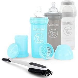 Twistshake Easy Choice Antikrampjesventiel Flessensets, 4 st - 3x Antikrampjesventiel Babyfles met Middelgrote Spenen, 1x Flessen-en Speenborstel, 2+ Maanden, Jongen