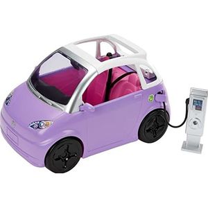 Barbie Auto | Kinderspeelgoed | 'Elektrische auto' met oplaadstation en laadkabel | Kan omgeturnd worden tot cabrio | Paarse auto met schuifdak | Cadeau voor kinderen, HJV36