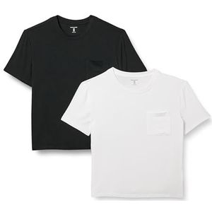 Amazon Essentials Dames jersey Relaxed-Fit T-shirt met korte mouwen en ronde hals, 2 stuks, zwart/wit, maat L