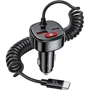 Syncwire Usb-C-Auto-Oplader [Met Autobatterijbescherming] 66W Supersnelle Sigarettenaansteker Usb C, Ingebouwde 6-Voet Type-C-Spiraalkabel Voor Samsung/Google Pixel/Moto/Android, iPhone Etc.