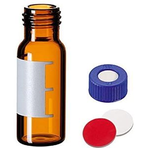 neochrom EC-1198 Schroefflesjes met etiket, bruin glas, schroefdraad 9-425, blauw deksel, rood PTFE/witte siliconen, 2 ml (verpakking van 100 stuks)