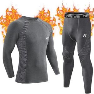 MeetHoo Thermo-ondergoed voor heren, functioneel ondergoed, ademend, thermo-ondergoed, set, lang thermohemd en thermobroek voor mannen, skiën, hardlopen, sport, grijs, S