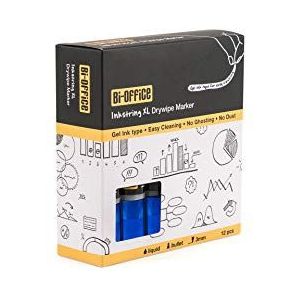 Bi-Office InkstringXL Droog Uitwisbare Marker Voor Whiteboards, Whiteboardmarker met Inkt Gel en 3 mm Ronde Punt, Kleur Blauw, Pak van 12 stuks