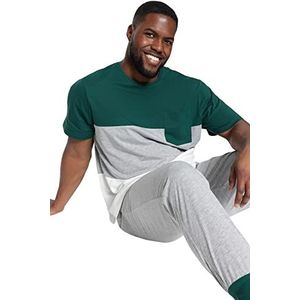 Trendyol Heren Man Colorblock Knit T-Shirt-Broek Plus Size Pyjama Set, Emerald, 4XL, Emerald, 4XL