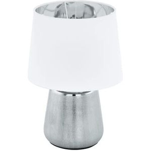 EGLO Tafellamp Manalba 1, nachtlampje van zilver keramiek met lampenkap van wit en zilverkleurig textiel, tafel lamp voor woonkamer en slaapkamer, deco nachtlamp met E27 fitting