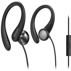 Philips A1105BK/00 Sport Hoofdtelefoon met Microfoon (In-Ear, Flexibel Oorhaakjes, Basopeningen, IPX2 Zweetbestendig, Stevige Pasvorm, Afstandsbediening in Het Snoer) Zwart - 2020/2021 Model
