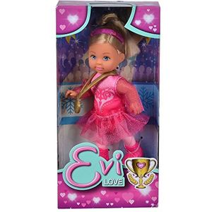 Simba 105733645 Evi Love Ice Skating, speelpop als kunstschaatser in een roze kostuum, met schaatsen, medaille, haarband, 12 cm, vanaf 3 jaar