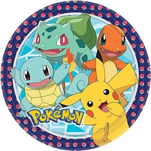 Amscan 9904820-66 Pokémonbord met borden, 8 stuks, diameter 23 cm, papier, kartonnen borden, feestborden, wegwerpservies, kinderverjaardag