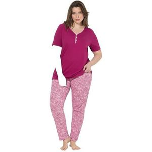 Ulla Popken Damespyjama, Zierkante, Spitzendruck, Halbarm pyjamaset, Fuchsia, 42-44