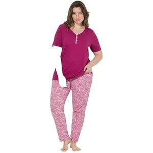 Ulla Popken Dames grote maten plus size pyjama, sierrand, kanten print, halve mouwen, fuchsia, 46-48