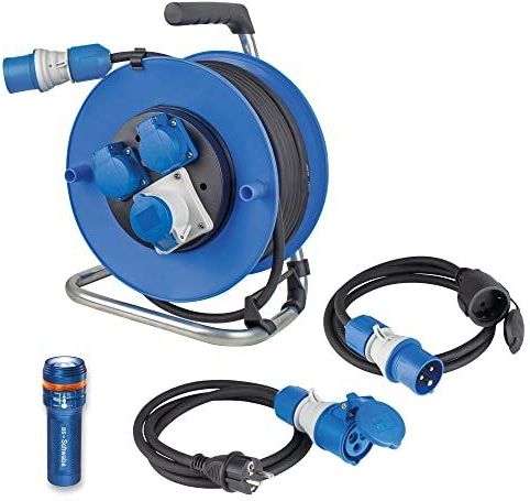 as - Schwabe Outdoor Set - Blau/Schwarz - 25 m Kabeltrommel met 2 Adapterkabels en Zaklamp XT1
