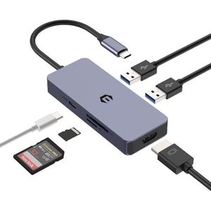 Tymyp USB C-hub, multipoort-adapter, USB-hub HDMI voor laptop, Chromebook, Surface Pro 8, 6-in-1 dongle met SD/TF-kaartlezer, USB 3.0, 100W PD, 4K HDMI
