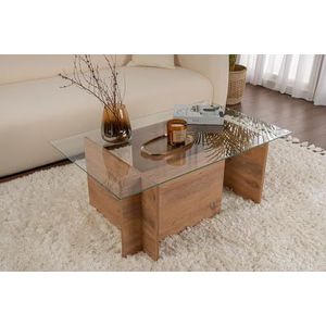 Hanah Home Stijlvolle koffietafel, Atlantic Pine, 105 x 65 x 40 cm, top van 100% gehard glas, 100% melamine gecoat deeltjesbord, 18 mm dik, modern design voor de woonkamer