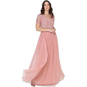 Maya Deluxe Maxi-jurk voor dames, bruidsmeisje, V-hals, baljurk met korte mouwen, lang, elegant, empire-taille, bruiloft, Bloesem, 44