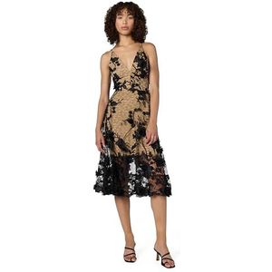 Dress the Population Women's Audrey Spaghetti Strap MIDI A-LINE 3D Floral Dress, Black/Nude, X-Small