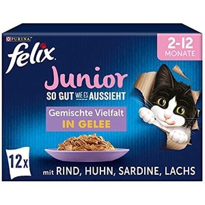 FELIX Zo goed als het eruit ziet Junior kittenvoer nat in gelei, sortenmix, verpakking van 6 (6 x 12 zakken à 85 g)