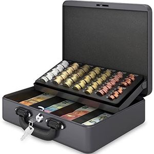 ACROPAQ Geldkistje - Premium, Geldkist met sleutel, 30 x 25 x 9 cm - Geldkluis met muntsorteerder - Grijs