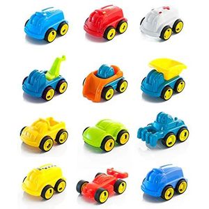 Miniland - Set van 12 minimobiele speelgoedvoertuigen: kipper, graafmachine, kraan, ambulance, politieauto, brandweervoertuig, taxi, formule, auto, pickup, bestelwagen en tractor.
