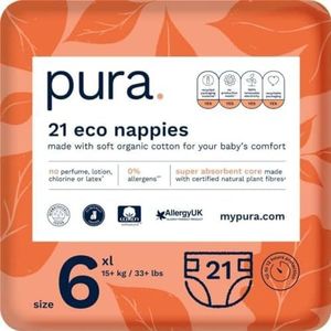 Pura Eco Babyluiers Maat 6 (XL 15kg+ / 33+ lbs) 1 pak van 21 Luiers, Peuter, Gemaakt van biologisch katoen, tot 12 uur bescherming tegen doorlekken, 's nachts