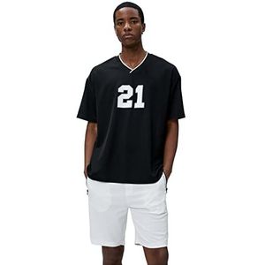 Koton Oversized T-shirt met print voor heren, V-hals, korte mouwen, zwart (999), M
