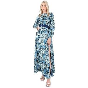 Lovedrobe Maxi-jurk voor dames, lange mouwen, satijn, bloemenkant, ronde hals, empire, A-lijn, bruiloft, gast, avondgelegenheid, Blauw, 36