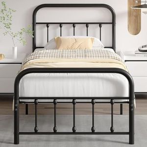 VECELO Metalen bed, 90 x 200 cm, bedframe met lattenbodem en hoog hoofdeinde, modern logeerbed, tienerbed, eenvoudige montage voor slaapkamer, logeerkamer, zwart