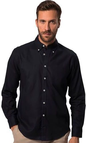 JP 1880, Heren, grote maten, linnen mixhemd, lange mouwen, button-down-kraag, moderne pasvorm, blauw, 3XL