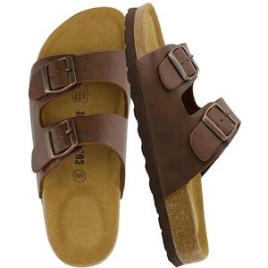 CUSHIONAIRE Lane Cork Footbed Sandals for Women – Comfortable Double Buckle Slip-On with Genuine Suede Footbed & Arch Support Slides for Women Footwear, Brown Oily 8.5