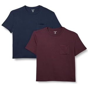 Amazon Essentials Dames Jersey Relaxed-Fit T-shirt met korte mouwen en ronde hals, 2 stuks, bordeaux/marineblauw, XS