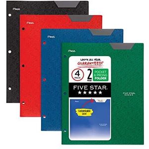 Five Star 2-Pocket mappen, 4 stuks, plastic mappen met Stay-Put Tabs, Past 3-Ring Binder, Houdt 11"" x 8-1/2"", diverse kleuren (38049), Zwart, Rood, Groen, Blauw
