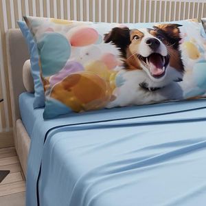 PETTI Artigiani Italiani - Beddengoed dieren met honden van katoen met kussenslopen in digitale print, beddengoed voor tweepersoonsbed, lichtblauw, 100% Made in Italy